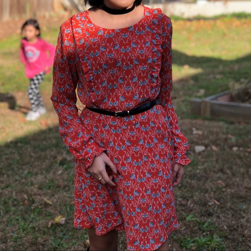 Floral Copper Knee Length Dress with Ruffled Top